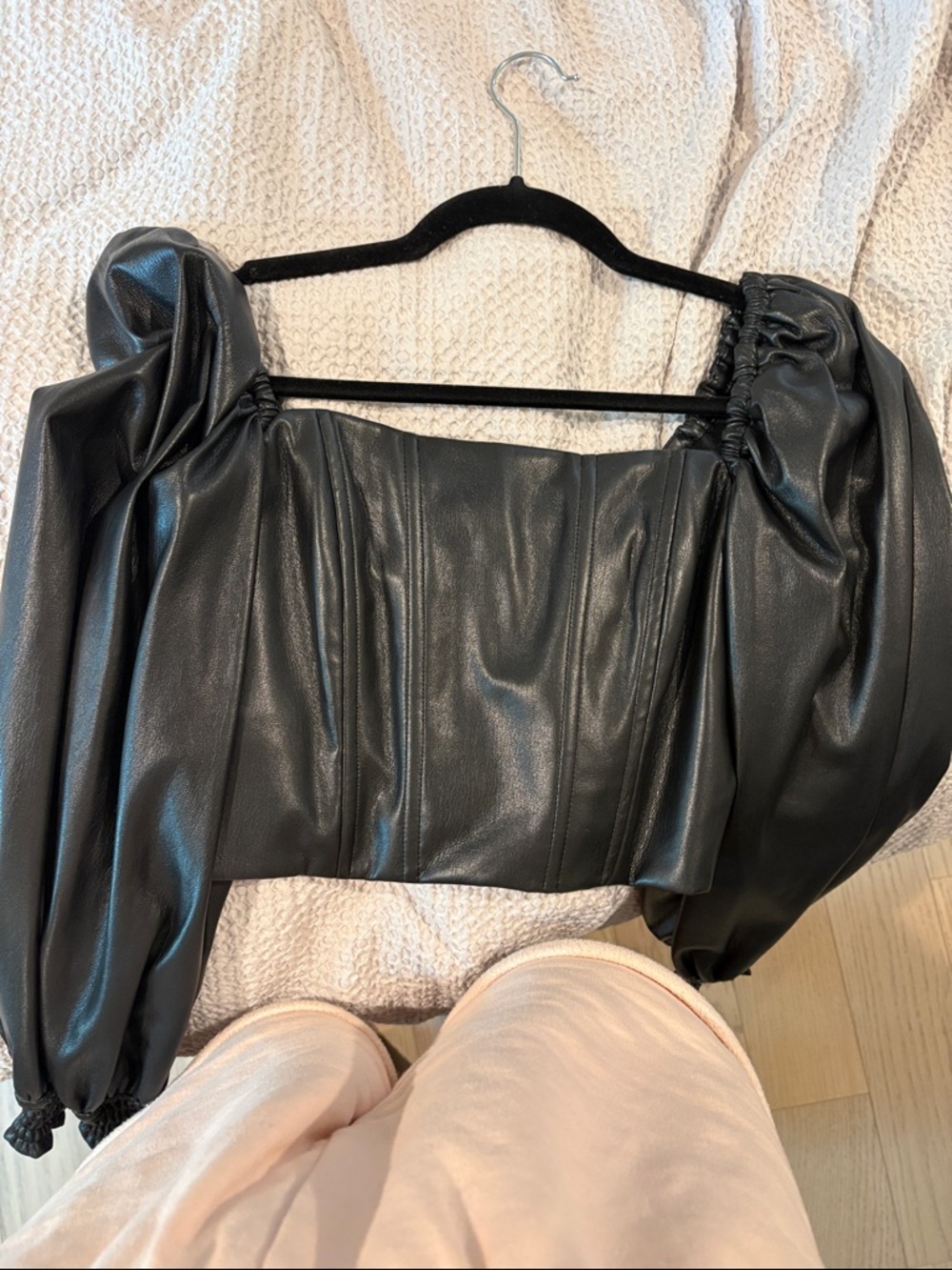 Alice + Olivia Black Faux Leather Puff Sleeve Crop Top